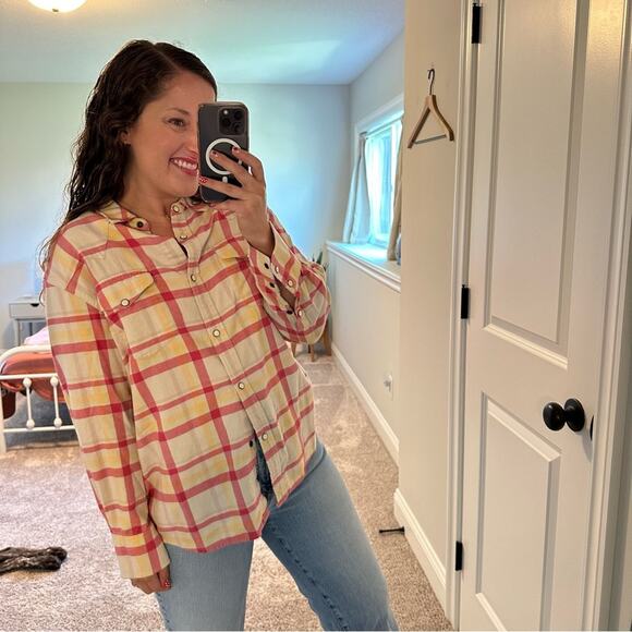 THE GREAT. Pink Yellow Cotton Plaid Western Flannel Top Small 1 - Picture 3 of 12